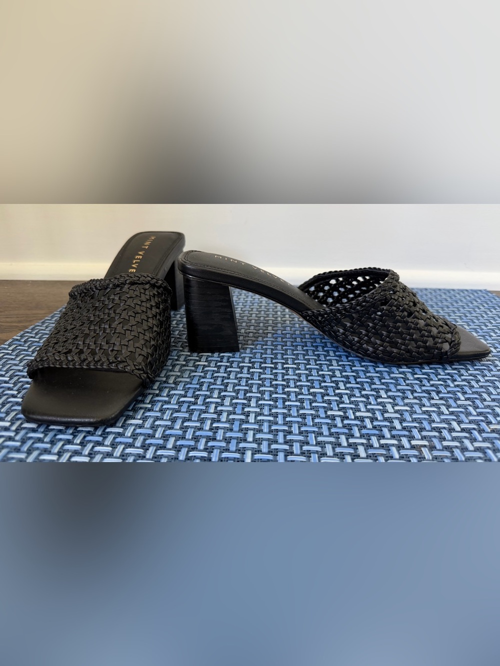 Mint Velvet Woven Black Leather Heeled Sandals Women's Size 8